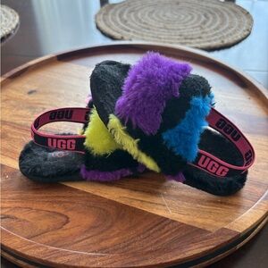 UGG Fluff Yeah Party Spots Fur Lined Slippers Sandals w/ Strap Toddlers Sz 9